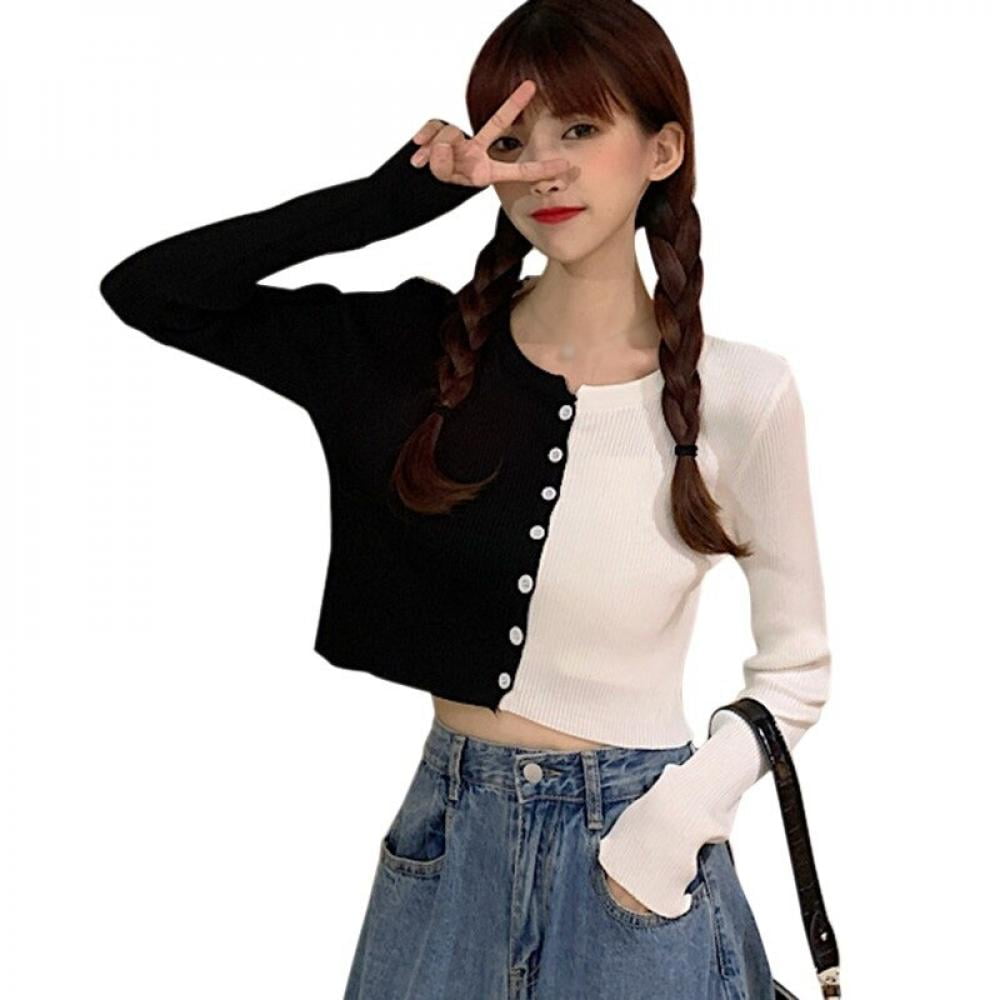 Women's stitching contrast color navel long-sleeved slim sweater Women's stitching contrast color navel long-sleeved slim sweater