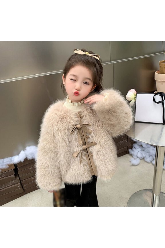 Korean Version of Girls' Winter Bow 1 Pc Exquisite and Beautiful Western-Style Imitation Fur Jacket with Cotton and Thick Woolen Sweater, Beige Color