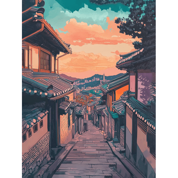 Korean Village Sunset Canvas Painting Perfect for Living Room Bedroom Office Hallway and Dining Room Decor