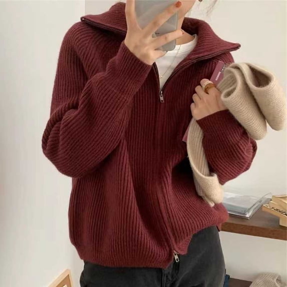 Korean Vintage Zip-Up Knit Cardigan Women'S Oversized Autumn Winter Lazy Style Collared Sweater Coat Top Casual Loose Fit Outerwear Off White Cardigan Sweaters For Women