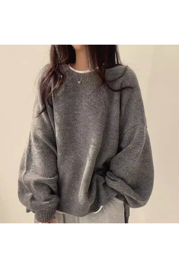 Korean Winter French Style Oversized Casual Knit Sweater Women'S Loose Fit Long Sleeve Crewneck Side Slit Warm Tops Fall Sweaters For Women