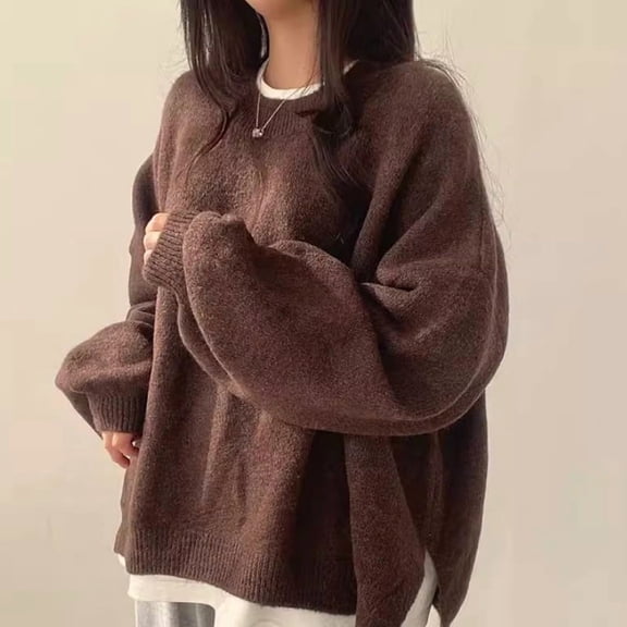 Korean Winter French Style Oversized Casual Knit Sweater Women'S Loose Fit Long Sleeve Crewneck Side Slit Warm Tops Fall Sweaters For Women