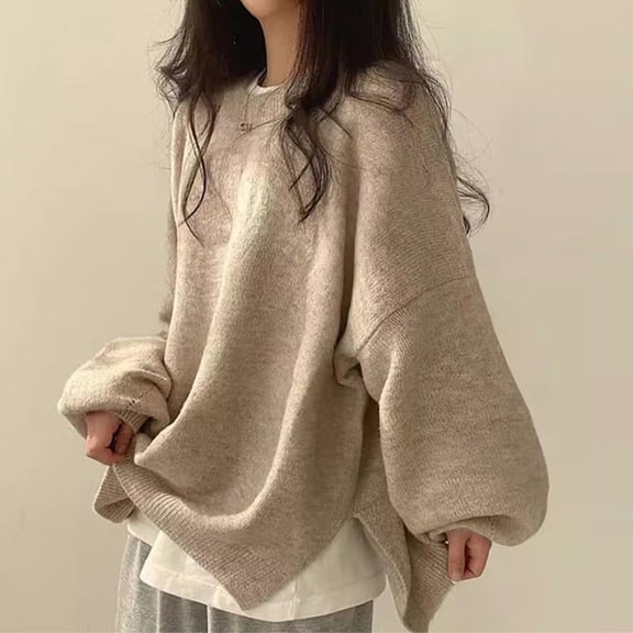 Korean Winter French Style Oversized Casual Knit Sweater Women'S Loose Fit Long Sleeve Crewneck Side Slit Warm Tops Fall Sweaters For Women