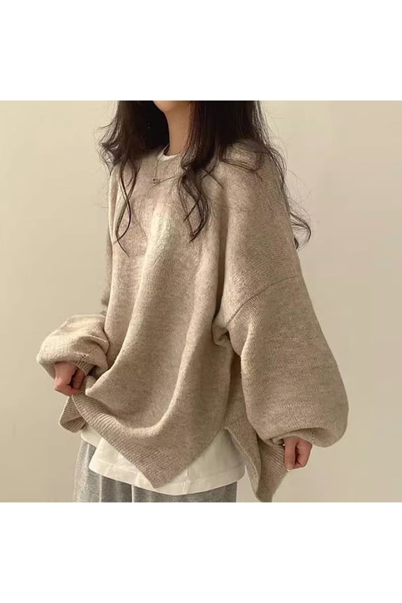 Korean Winter French Style Oversized Casual Knit Sweater Women'S Loose Fit Long Sleeve Crewneck Side Slit Warm Tops Fall Sweaters For Women