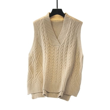 Korean Women Autumn Twist Cable Knitted Sleeveless Vest V-Neck Solid Color Pullover Sweater Casual Loose High Low Jumper for Tank Top Outwear