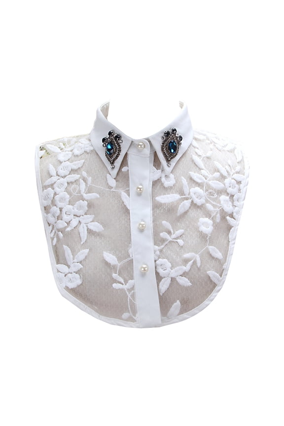 Korean Women Faux Crystal Lapel Detachable Half-Shirt Blouse Imitation Pearls Button Down Embroidery Floral Lace Fake Collar