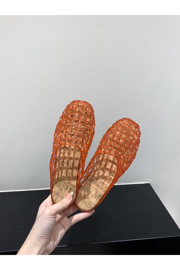 Korean crystal shoes for women, flat-bottomed closed-toe mules, women's shoes for outdoor wear, transparent hollow fishnet jelly shoes, slip-on shoesFashionable and versatile