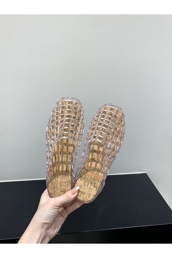Korean crystal shoes for women, flat-bottomed closed-toe mules, women's shoes for outdoor wear, transparent hollow fishnet jelly shoes, slip-on shoesFashionable and versatile