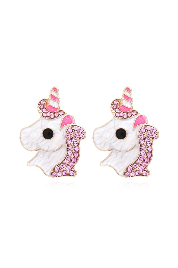 Korean cute alloy oil-drip diamond-studded pony earrings, personalized girly cartoon colorful diamond unicorn earrings for women
