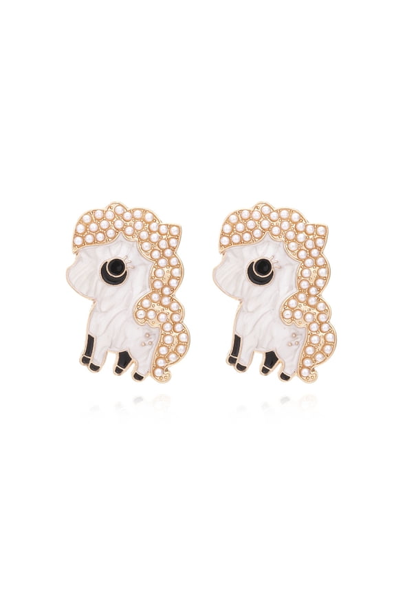 Korean cute design alloy oil-drip pearl-studded pony earrings, unique girly heart unicorn earrings for women