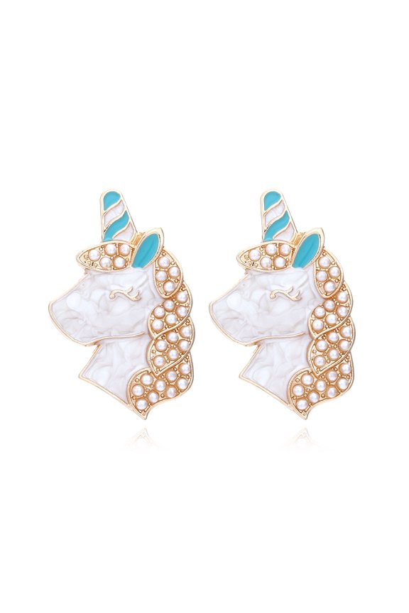 Korean cute design colorful diamond unicorn earrings, personalized college style alloy oil-drip diamond horse head earrings for women