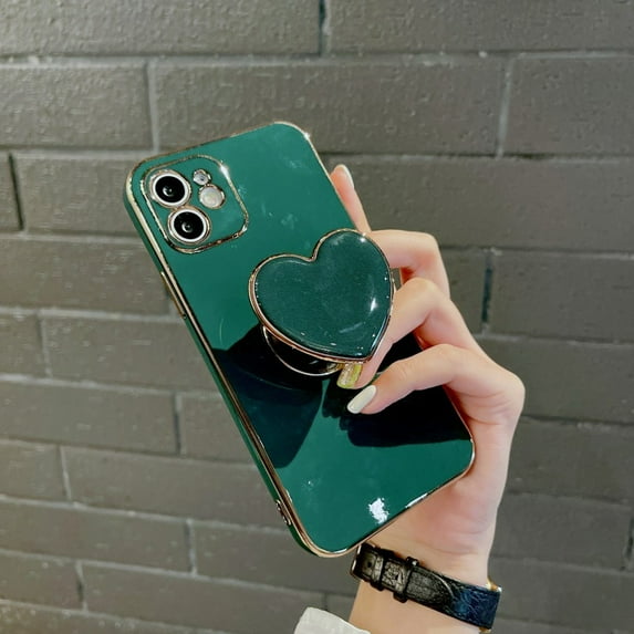 Korean heart holder plating shockproof phone case for iPhone 15 13 14 12 11 pro Max X Xs XR 7 8 plus se 3 anti-drop soft cover