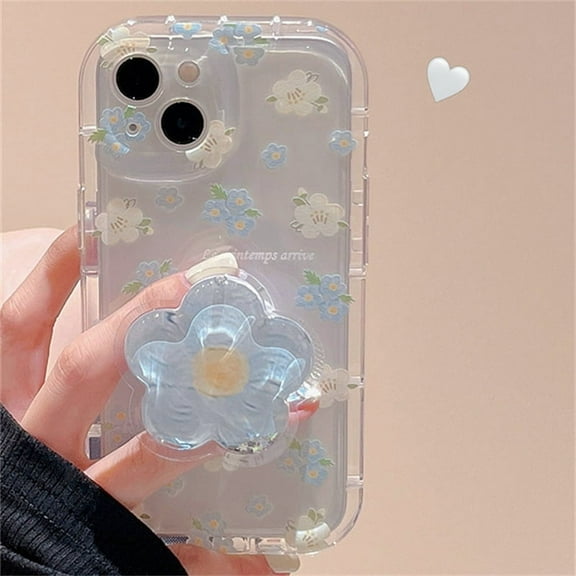 Korean quicksand blue flower holder phone case for iPhone 14 12 13 11 pro Max Plus Japan cute 3D stand floral clear soft cover