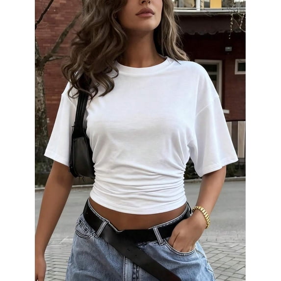 Korean-style design round-neck pullover short-sleeve T-shirt for women, new summer model, simple and versatile, solid color, loose-fitting top