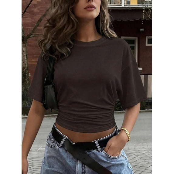 Korean-style design round-neck pullover short-sleeve T-shirt for women, new summer model, simple and versatile, solid color, loose-fitting top