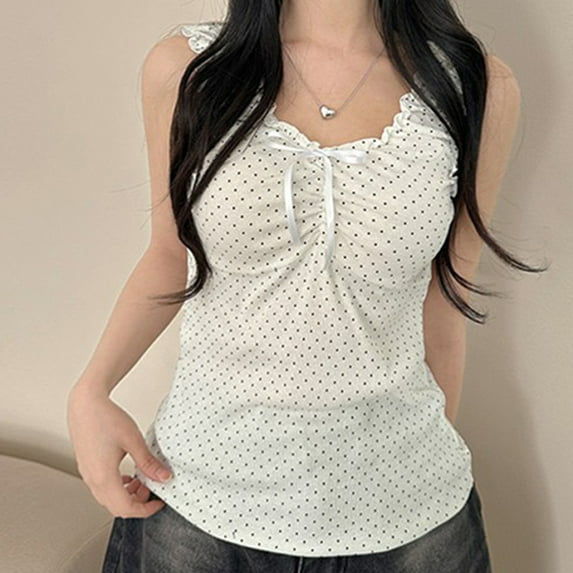 Korean style women's white polka dot sleeveless bow top, suitable for women's daily outings(L)