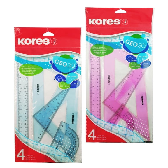 Kores Geometry Set for School 30cm Ruler, Protractor & Set Squares (4 PCS GEO30) Maths Geometry Kit, Back to School Supplies, Student Ruler Set, Assorted Colours