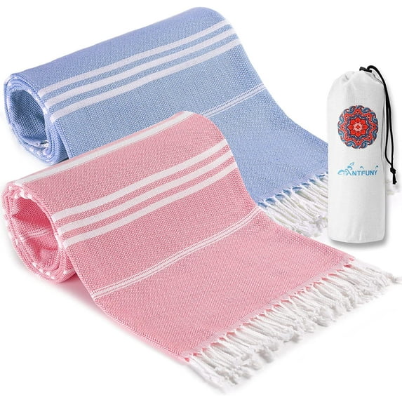 Koreshion 2 Pack Turkish Beach Towel Oversized 38x71 100% Cotton Sand Free Quick Dry Towel Extra Large Turkish Towel Light Travel Towel for Adults Beach Gifts Beach Accessories