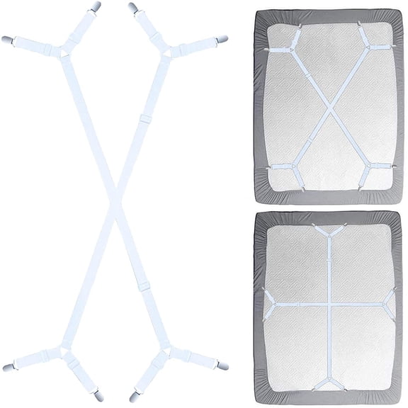 Koreshion Bed Sheet Holder Straps - Adjustable Crisscross Clips Elastic Band Fitted Bed Sheet Fasten Suspenders Grippers 2Pcs/Set White