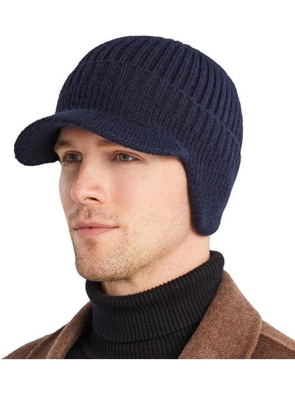 Koreshion Men's Winter Visor Beanie Hat with Earflaps Knit Baseball Cap with Brim Ski Hat Warm Fleece Lined Hunting Hat