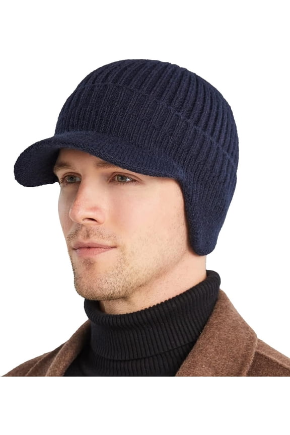 Koreshion Men's Winter Visor Beanie Hat with Earflaps Knit Baseball Cap with Brim Ski Hat Warm Fleece Lined Hunting Hat