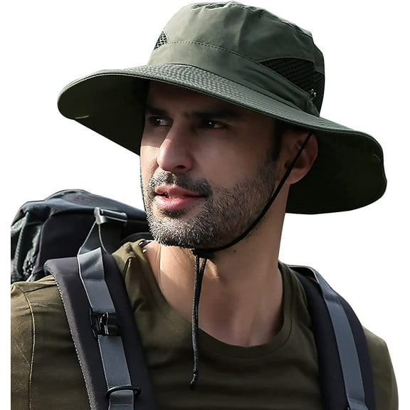 Koreshion Mens Sun Hat Outdoor UPF50  Mesh Wide Brim Bucket Safari Cap Foldable Waterproof Boonie Fishing Hats Army Green