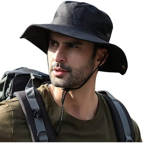 Koreshion Mens Sun Hat Outdoor UPF50  Mesh Wide Brim Bucket Safari Cap Foldable Waterproof Boonie Fishing Hats Black