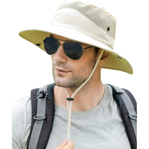 Koreshion Mens Womens Sun Hat Wide Brim Breathable Mesh UPF 50  Waterproof Fishing Hat Safari Hat Foldable Boonie Cap Khaki