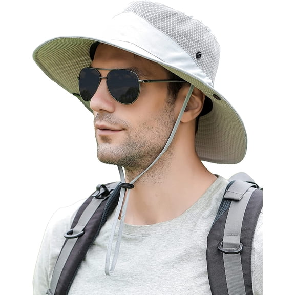 Koreshion Mens Womens Sun Hat Wide Brim Breathable Mesh UPF 50  Waterproof Fishing Hat Safari Hat Foldable Boonie Cap Light Gray
