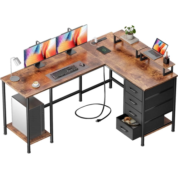 Korfile 59 inch L Shaped Computer Desk with Power Outlets, Home Office Desk with 4 Adjustable Storage Drawers & 2 Monitor Stands, Two Person Gaming Table for Bedroom, Rustic Brown