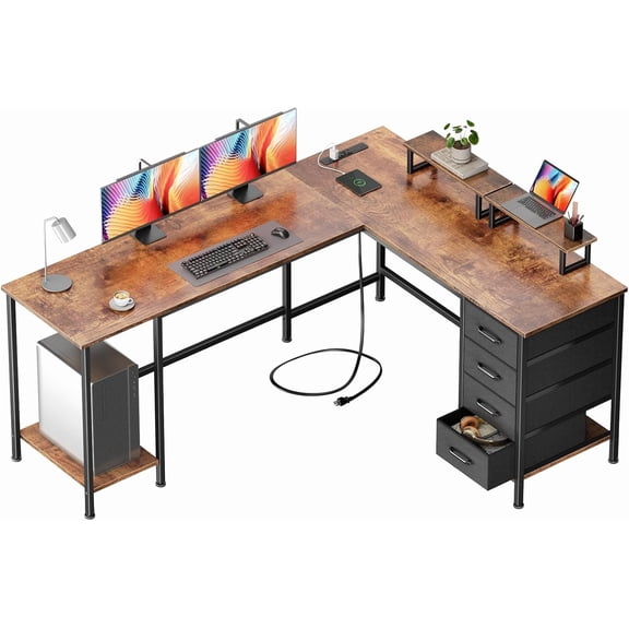 Korfile 66" L Shaped Computer Desk with Power Outlets, Home Office Desk with 4 Adjustable Storage Drawers & 2 Monitor Stands, Large Two Person Gaming Table for Writing Study, Rustic