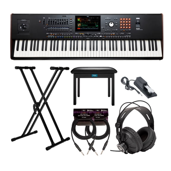 Korg 88-Key Pa5X Professional Arranger Bundle with Adjustable Keyboard Stand, Flip-Top Bench, Closed-Back Headphones, Sustain Pedal, and 1/4 Inch TS Cables (7 Items)