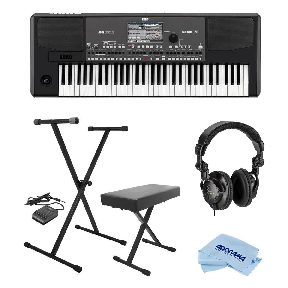 Korg Korg Professional 61-Key Arranger Keyboard w/Built-In Speakers and TouchView Color TFT Display - With Keyboard Stand/Bench with Sustain Pedal, H&mp;A Closed-Back Studio Monitor Headphones, Cloth
