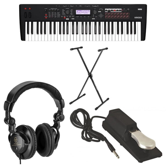 Korg Kross 2 61 Key Synthesizer Workstation, Super Matte Black Bundle with H&A Studio Monitor Headphones, Stand, Sustain Pedal