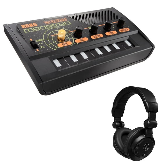 Korg Monotron Delay Analog Ribbon Synthesizer with H&A Closed-Back Studio Monitor Headphones