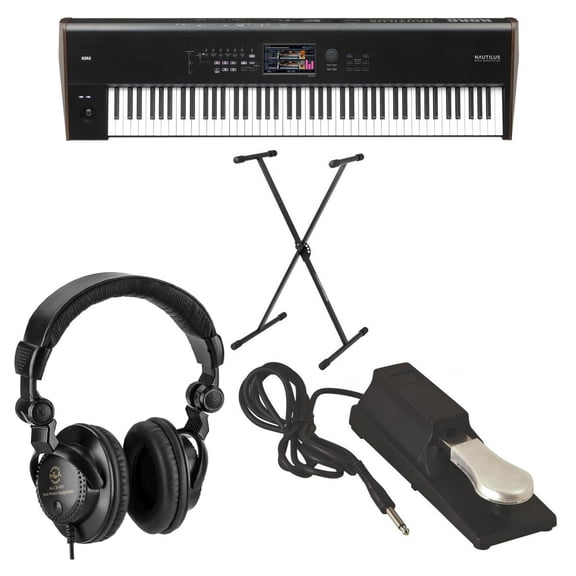 Korg Nautilus 88-Key Performance Synth/Workstation Keyboard Bundle with H&A Studio Monitor Headphones, Stand, Sustain Pedal
