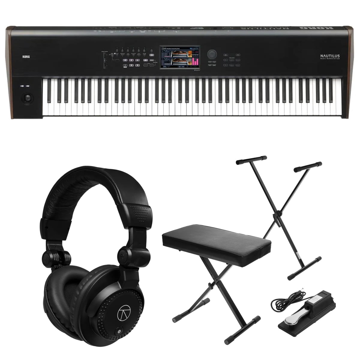 Korg Nautilus 88-Key Performance Synth/Workstation Keyboard Bundle with H&A Studio Monitor Headphones, Stand, Sustain Pedal
