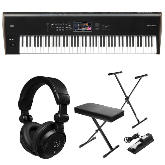 Korg Nautilus 88-Key Performance Synth/Workstation Keyboard Bundle with H&A Studio Monitor Headphones, Stand, Sustain Pedal