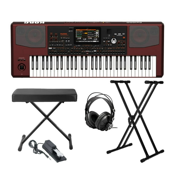 Korg PA1000 Professional Arranger Keyboard Bundle with Knox Bench, Stand, Sustain Pedal and Studio Headphones (5 items)