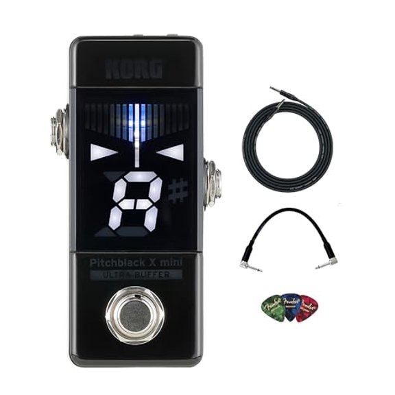 Korg Pitchblack X Mini Chromatic Pedal Tuner Bundle with Instrument Cable, Patch Cable, and Picks