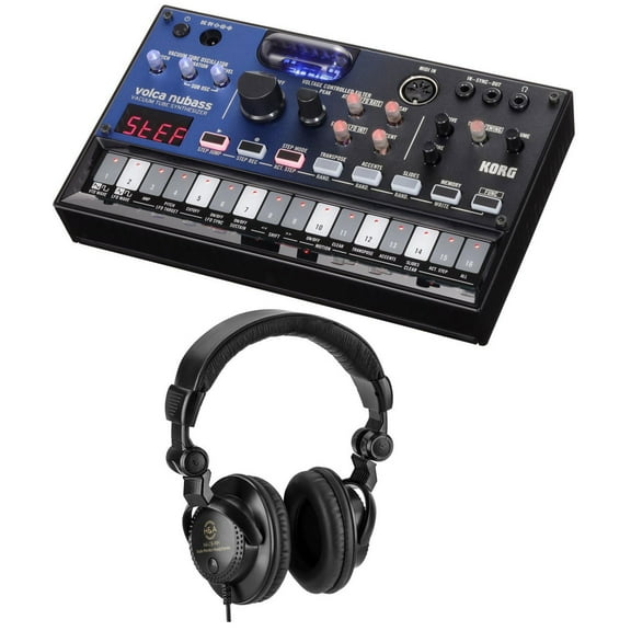 Korg Volca Nubass Vacuum Tube Bass Synthesizer with 16-Step Sequencer with H&A Closed-Back Studio Monitor Headphones