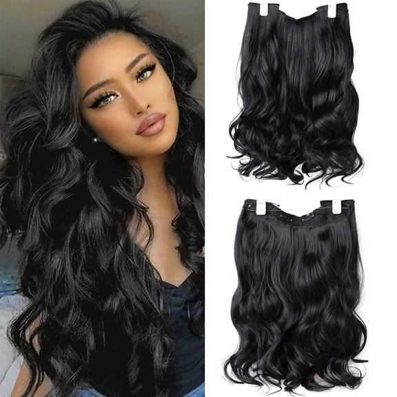 Kori Koli Transparent Invisible Wire Adjustable Fish Line Clip in Hair Extensions 16inches 150g Natural Hidden Secret False Curly Synthetic Clip in Hairpieces Wavy Hair Extension（1B/Black）