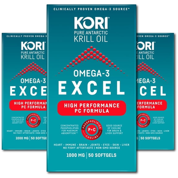 Kori Krill Omega 3 Excel Krill Oil 1000mg Supplements with EPA & DHA, Concentrated Phospholipid Formula for Max Absorption, Clinically Proven & Non-GMO Source, 3 Pack (50 softgels Each)
