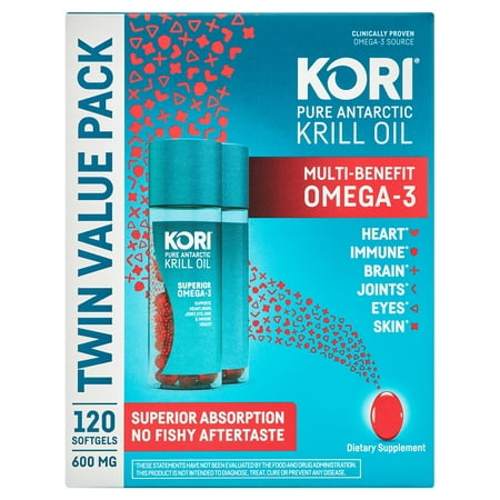 Kori Krill Superior Absorption Vs Fish Oil, Omega-3 Supplement for Heart, Brain, Joint, Eye, Skin & Immune Health, Softgels,120 Count, Twin Pack