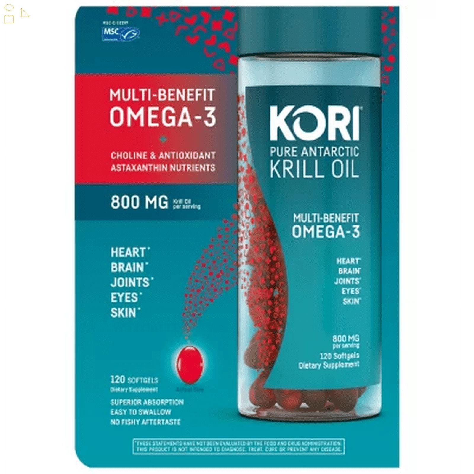 Kori Pure Antarctic Krill Oil Omega3 800mg Pills, MultiBenefit (120 Count) Exp 11/2023