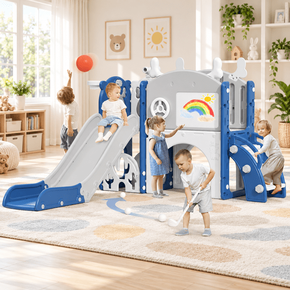 Korimefa 11-in-1 Toddler Slide Set with Golf, Basketball Hoop, Kids Slide for Toddlers Age 1-4, Climber Slip and Slides, Baby Outdoor Toys