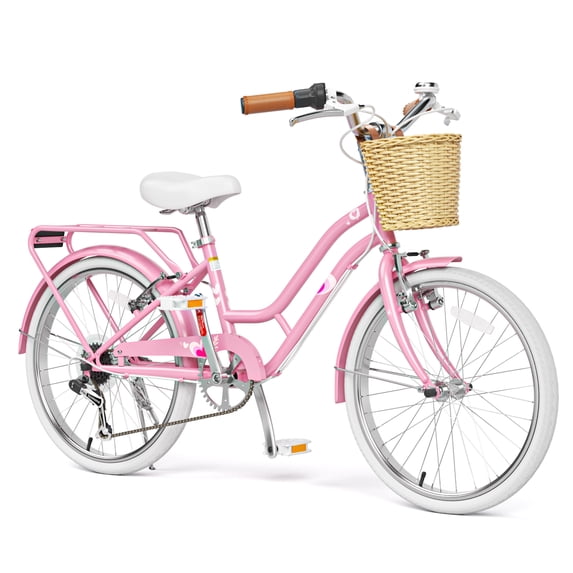 Korimefa 20 inch Beach Cruiser Bike, Comfortable City Bicycle with Shimano 6-Speed Gearing, Front & Rear V-Brakes, Basket & Rear Rack, for Teen Girls Ages 7+, Pink