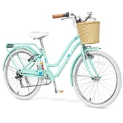Korimefa 24 inch Beach Cruiser Bike, Comfortable City Bicycle with Shimano 7-Speed Gearing, Front & Rear V-Brakes, Basket & Rear Rack, for Teen Girls Ages 7+, G