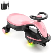 Korimefa 6V Electric Wiggle Car,Load 66 lbs,Wiggle Scooter with Rechargeable Battery & LED Flashing Wheels, Anti-Rollover & Flexible Steering, Outdoor Ride on Toys for Kids 3 Years and up Pink