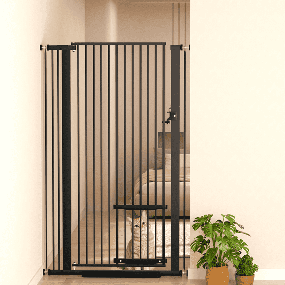 Korimefa Extra Tall Pet Gate with Cat Door, 55.11" Tall 29.5"-37.4" Wide Pressure Mount Dog Gate, No Drill 1.37" Narrow Gap One-Hand Operate Safety Barrier for Stairs Hallway Kitchen, Black